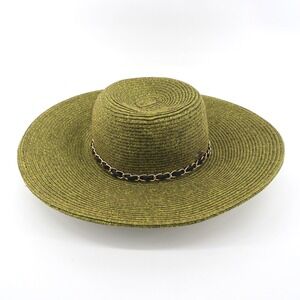 HBY Miami Wide Brim Chain Link Paper Straw Sun Hat Olive Green Womens M/L